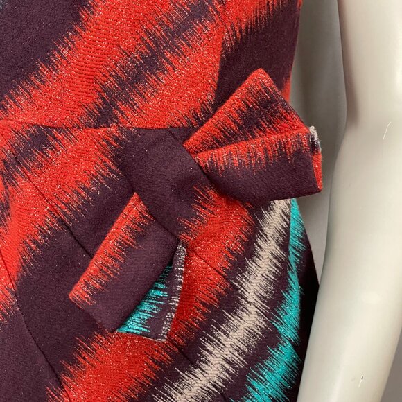 Eva Franco Dress Sheath Metallic Thread Bow Waist Size 6 Women Orange Maroon - Picture 7 of 12